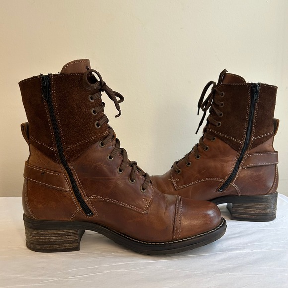 Taos Brown Leather Suede Combat Boots Women's US 8.5 EU 39 Lace-Up Side Zip - Picture 6 of 12